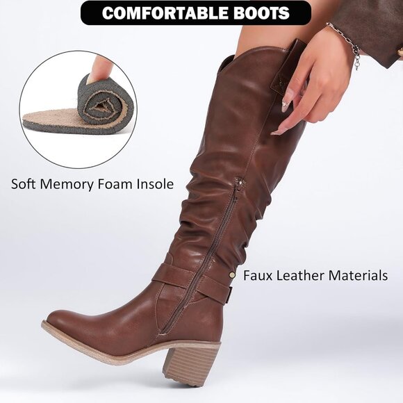 Women's Slouchy Knee High Boots with Chunky Heel Pointed Toe Fall Winter Shoes - Picture 4 of 6